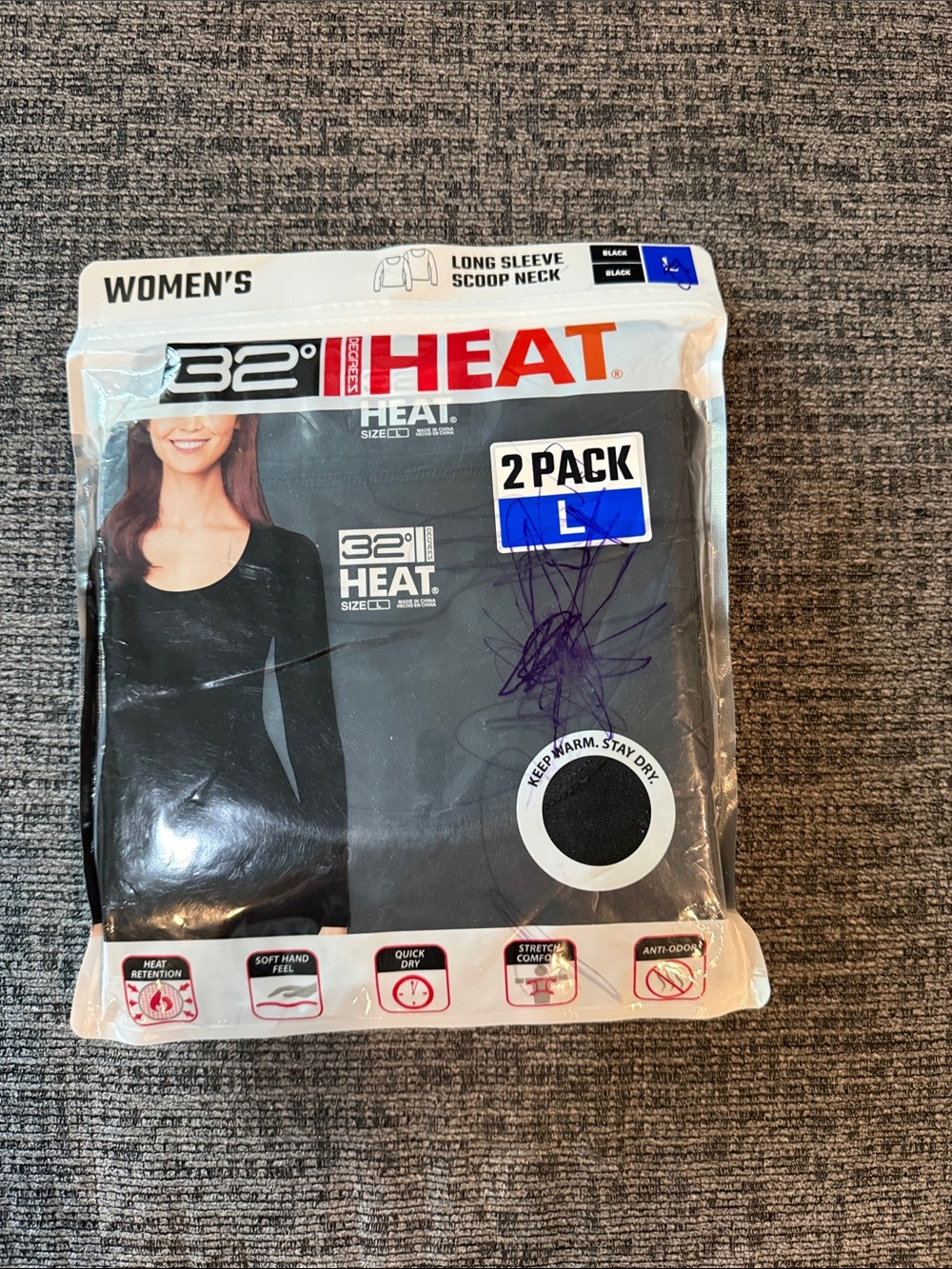 32 Degrees Women’s Black Long Sleeve Scoop Neck 2-Pack